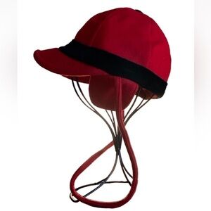 Kid’s dressy red trapper style hat with black velvet trim